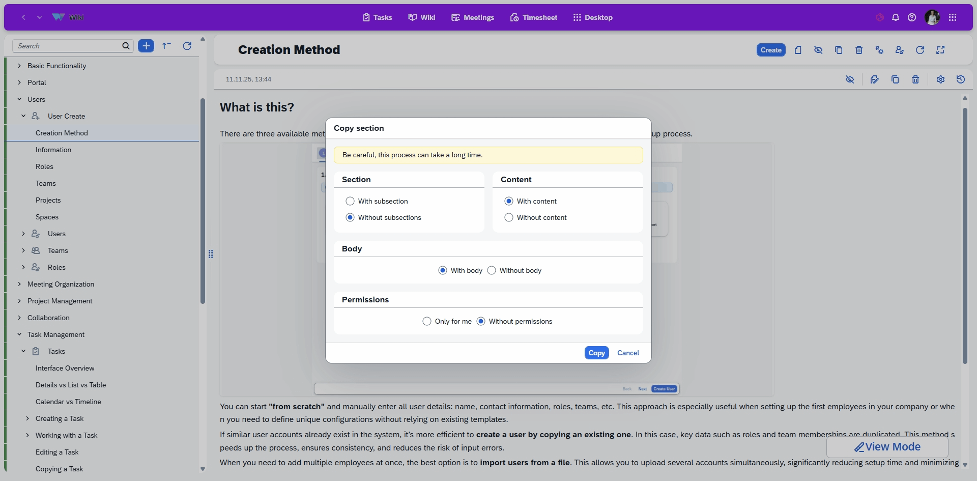Copying sections and content Copying sections and content