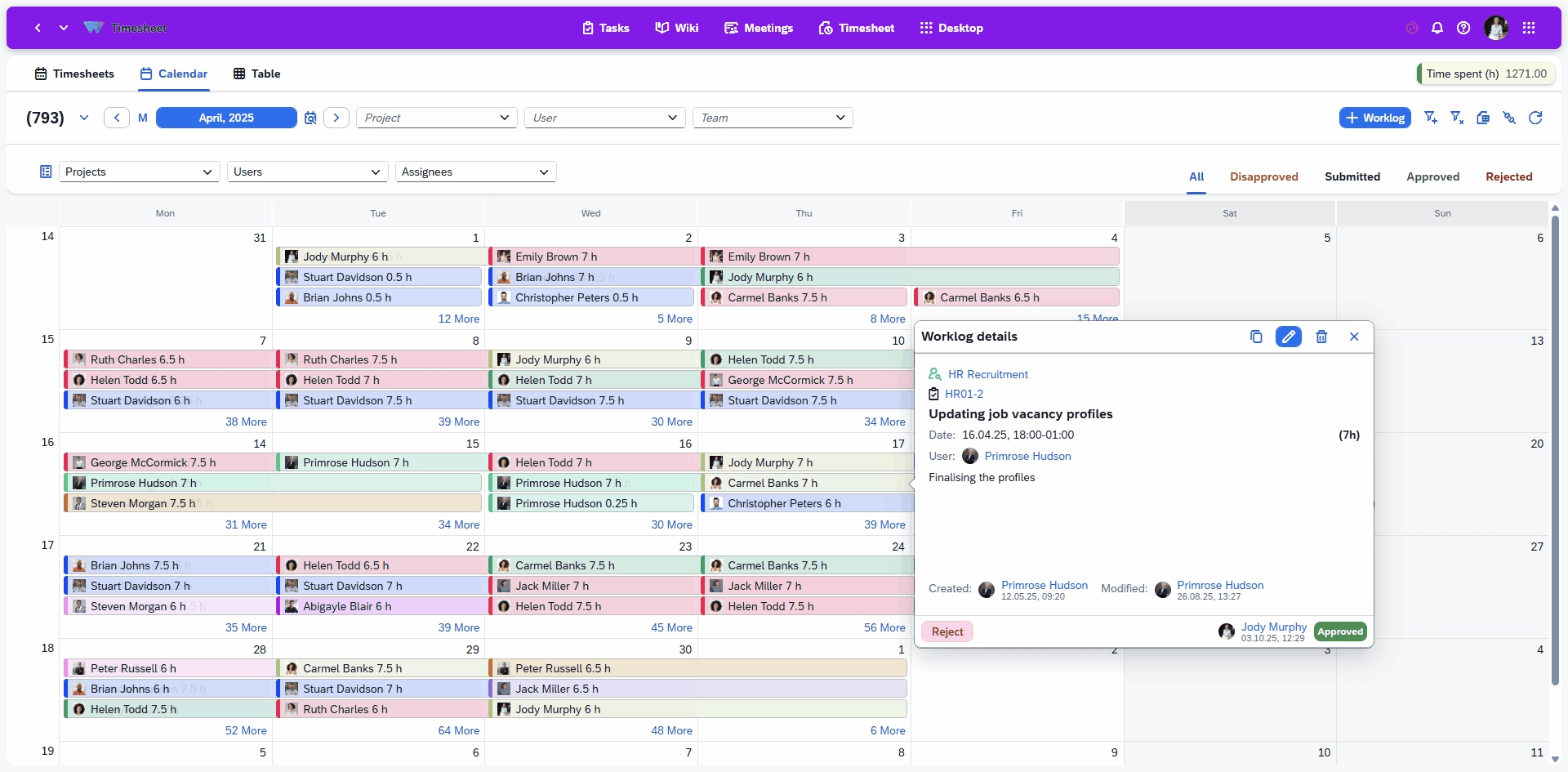 Approval Timesheet approval with evaluation of task descriptions, review of work results, commenting for improvements, and validation or rejection of submitted timesheets to ensure clarity and transparency.