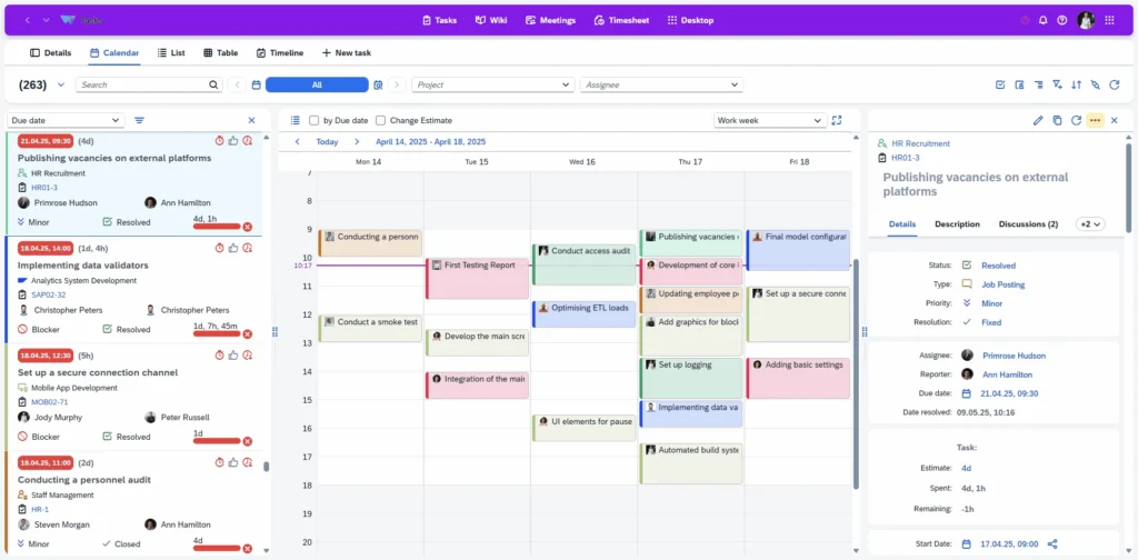 Unified calendar for planning tasks, meetings and working hours, providing a centralized view of schedules to improve team coordination and workflow management.