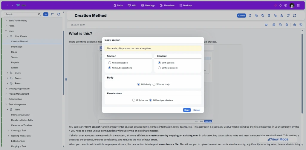 Quick duplication of sections, subsections and content, enabling reuse of existing structures and easy editing of only the unique information when creating new documents.