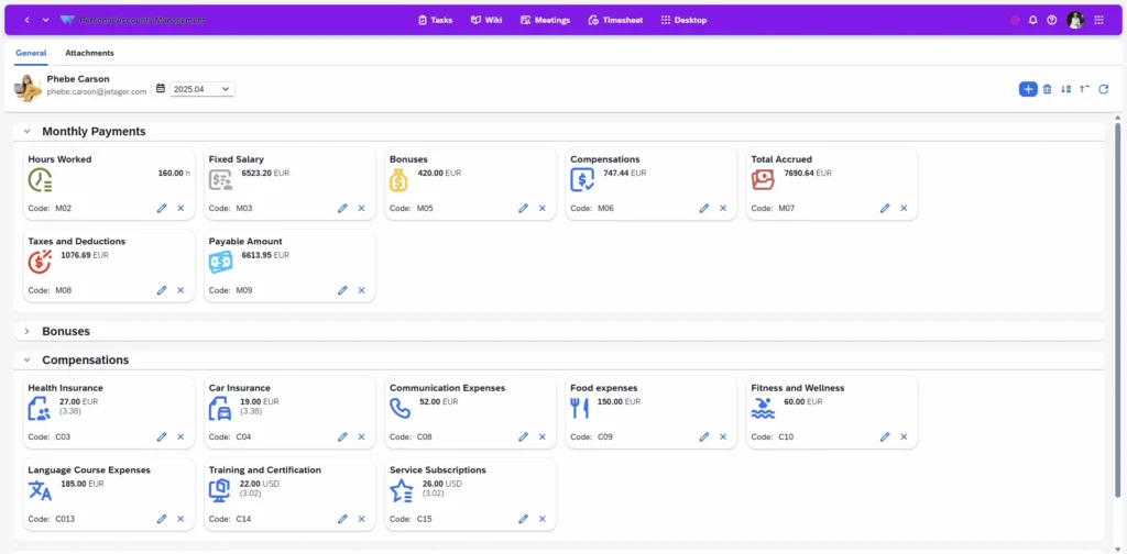 Employee self-service portal with access to compensation details, payroll information, bonuses, job descriptions, feedback and other essential workplace information in one centralized account.