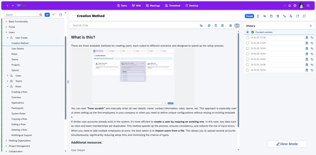 Version history tracking for documents with chronological revisions, change logs by author, and the ability to view and restore previous versions of content.