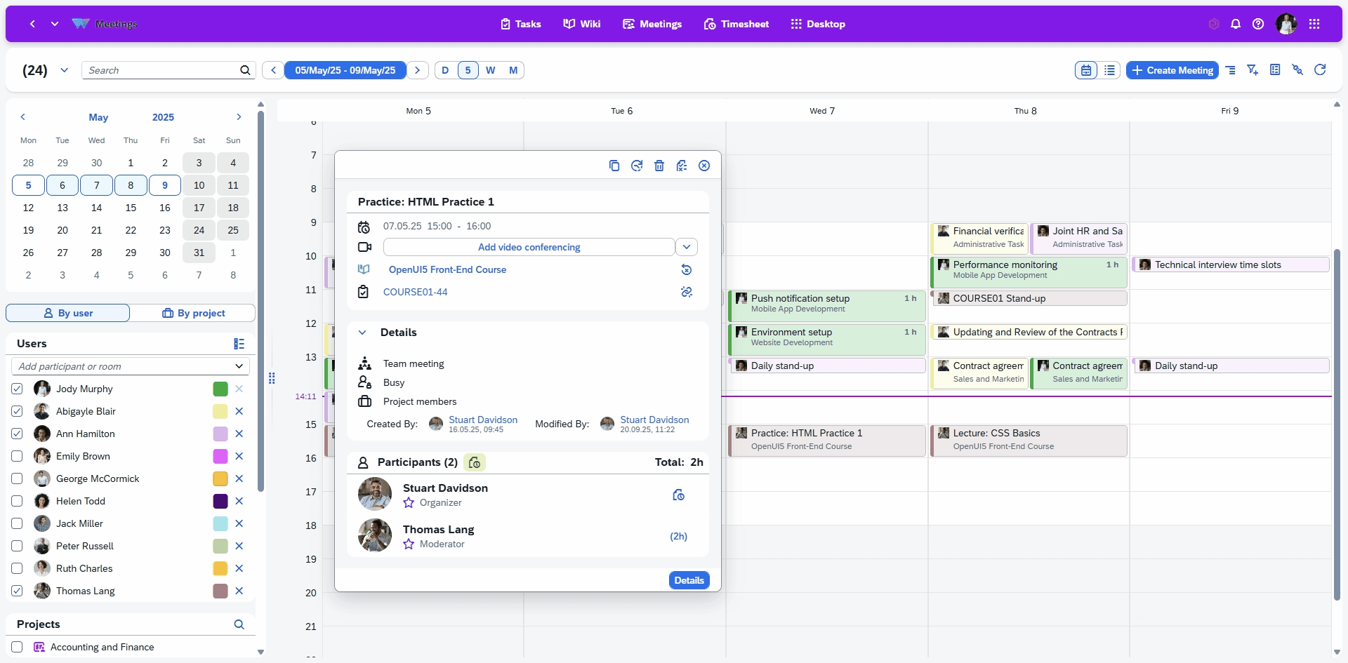 Meeting-organization-1 Integrated meeting management with agenda creation, ownership assignment and status tracking for agenda items, enabling structured and efficient meeting workflows directly in the calendar.