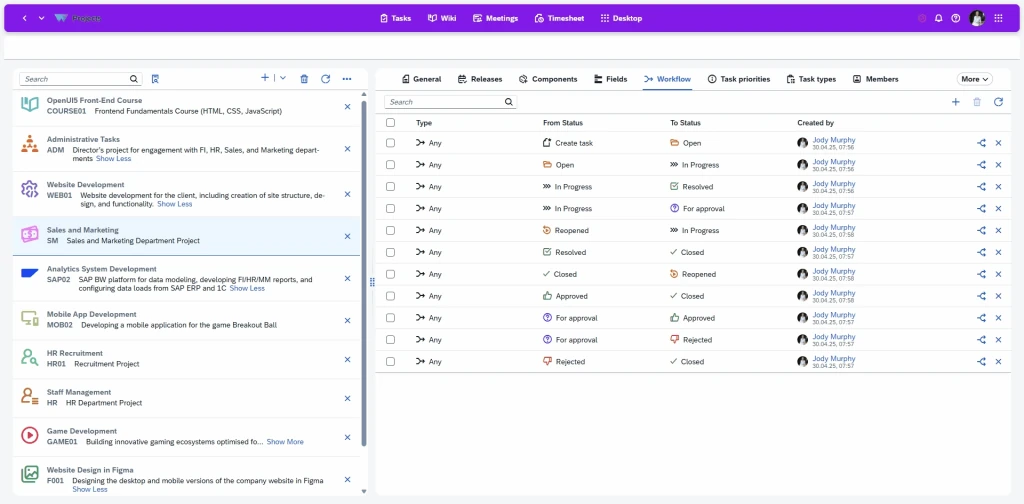 Project planning with structured creation of projects, detailed specifications, release scheduling, task linking, status and priority management, and collaborative sharing across teams during development.