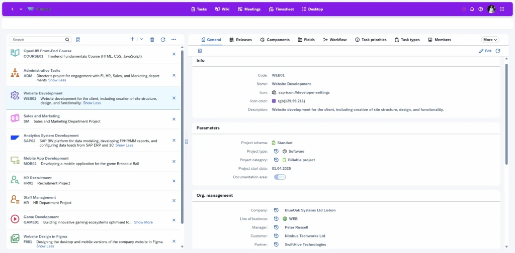 Centralised project information with client details, team composition, documentation, attachments, key links, timelines, status tracking, and project completion management.