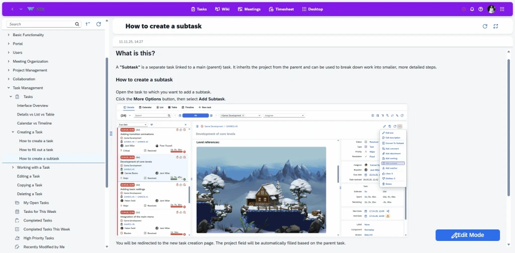 Hierarchical document structure with sections and unlimited nested subsections, including titles, descriptions, links and icons for clear and flexible organization of content.