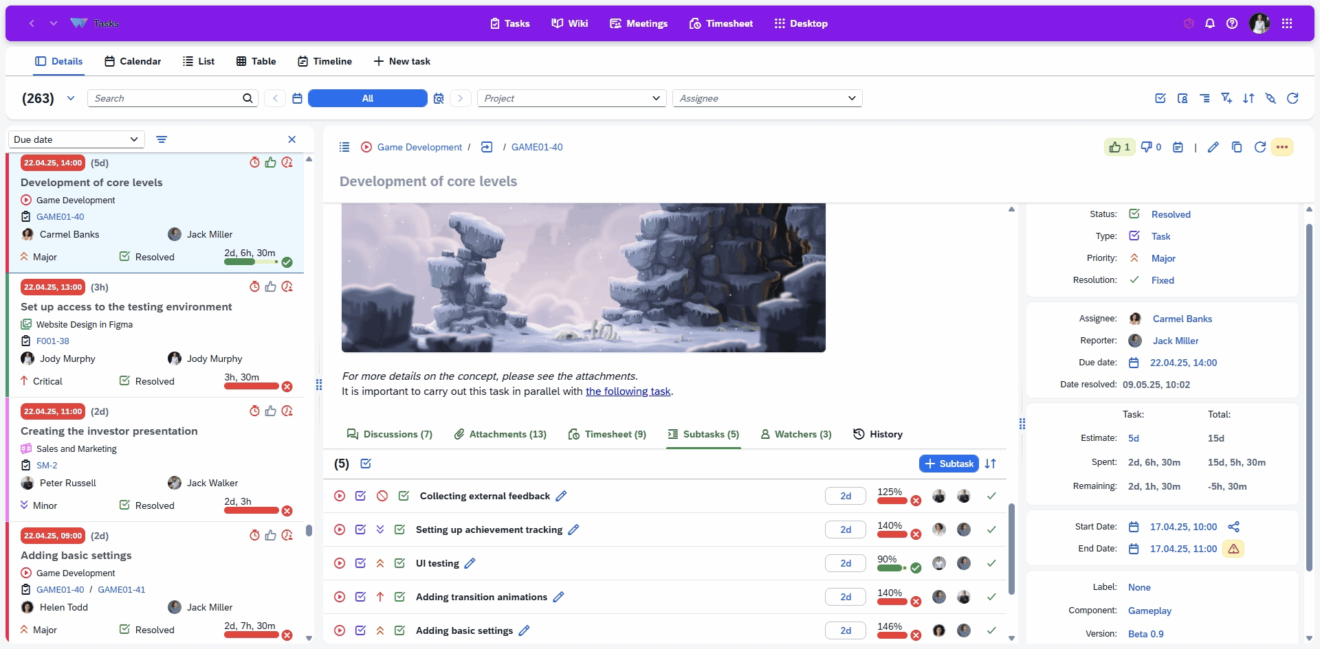Tasking Task management with tasks and subtasks (unlimited nesting), deadlines and priorities, time tracking, tags and labels, watchers for updates, and in-task comments for streamlined team collaboration.