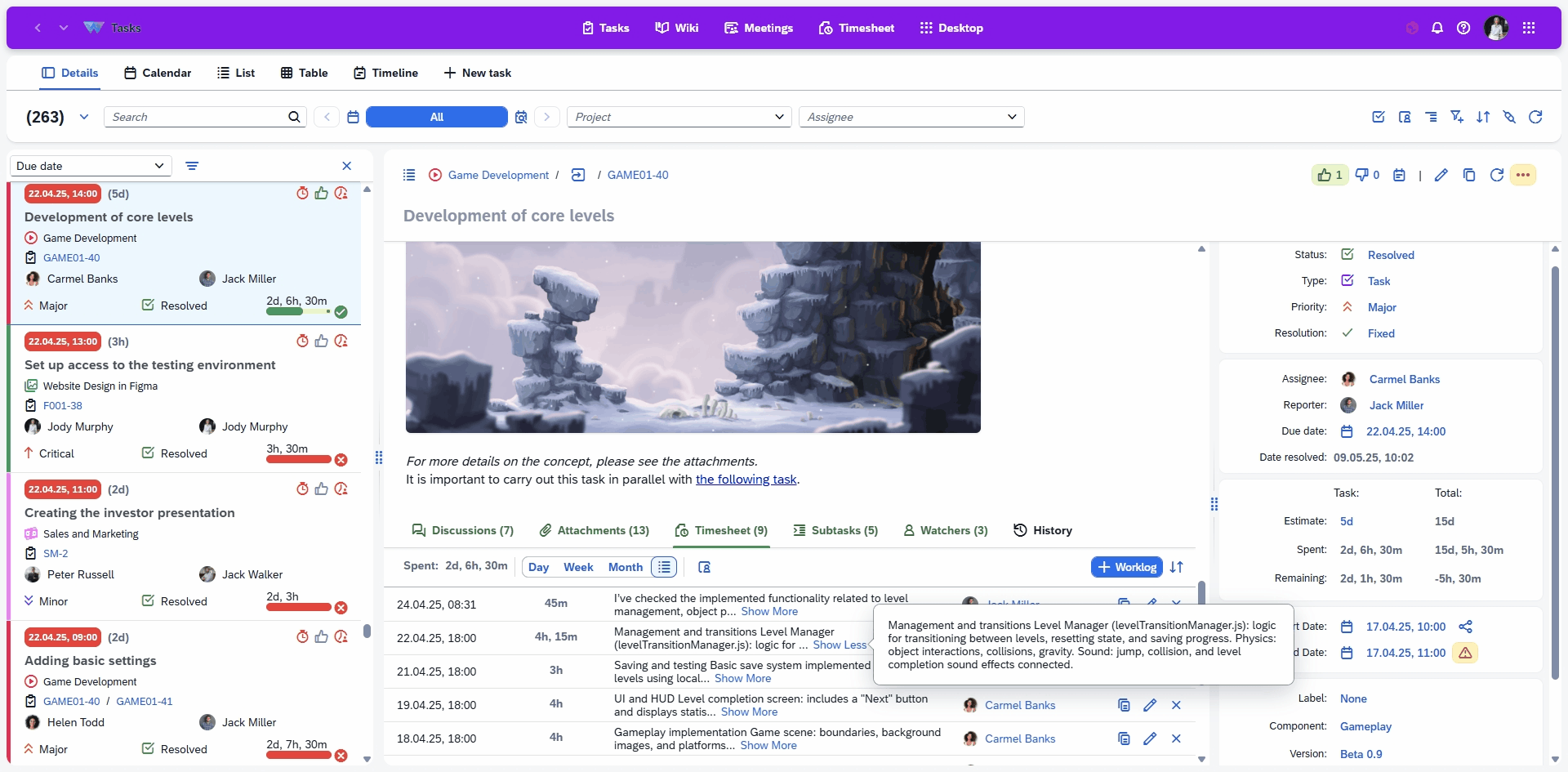 Timesheets Timesheets displayed in the calendar with detailed work logs, including task context, time spent, execution periods and completed work, enabling employees to fill entries and managers to review and approve them easily.