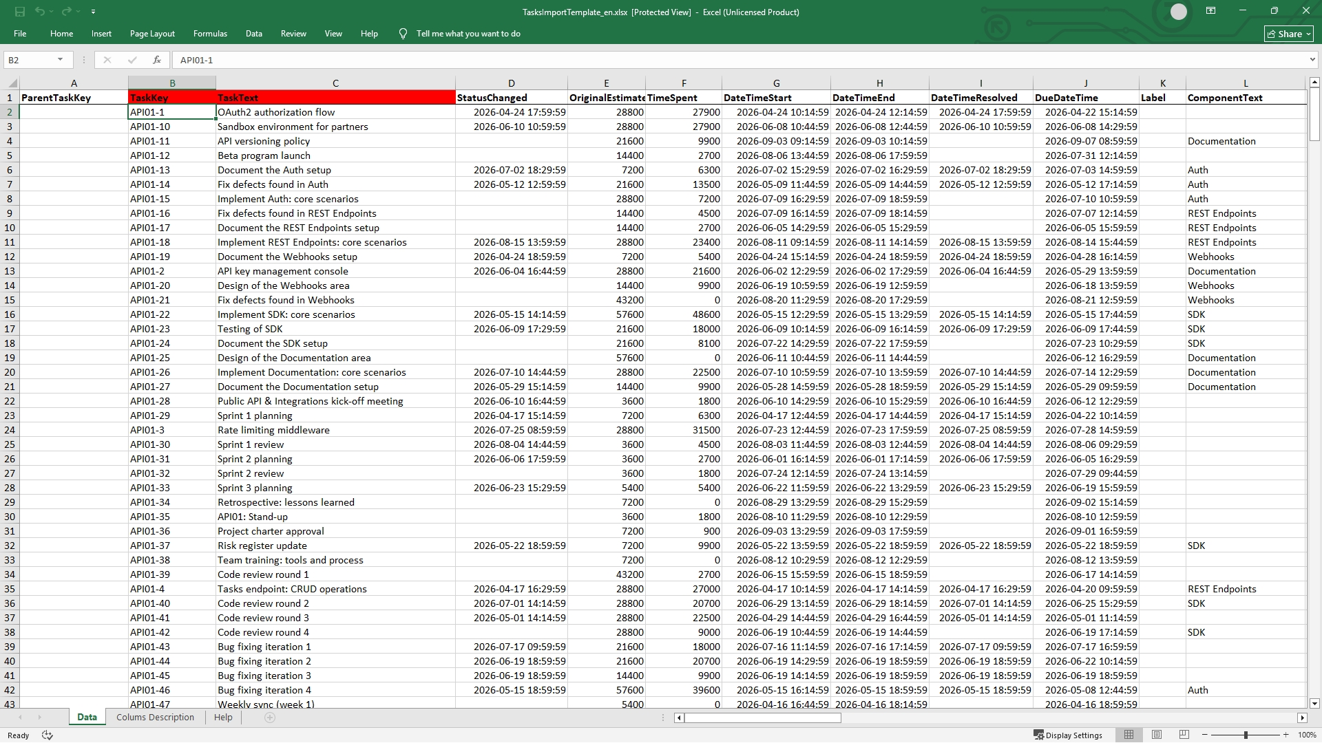 templates-import Excel templates for importing users, projects, tasks and timesheets in Weenvo