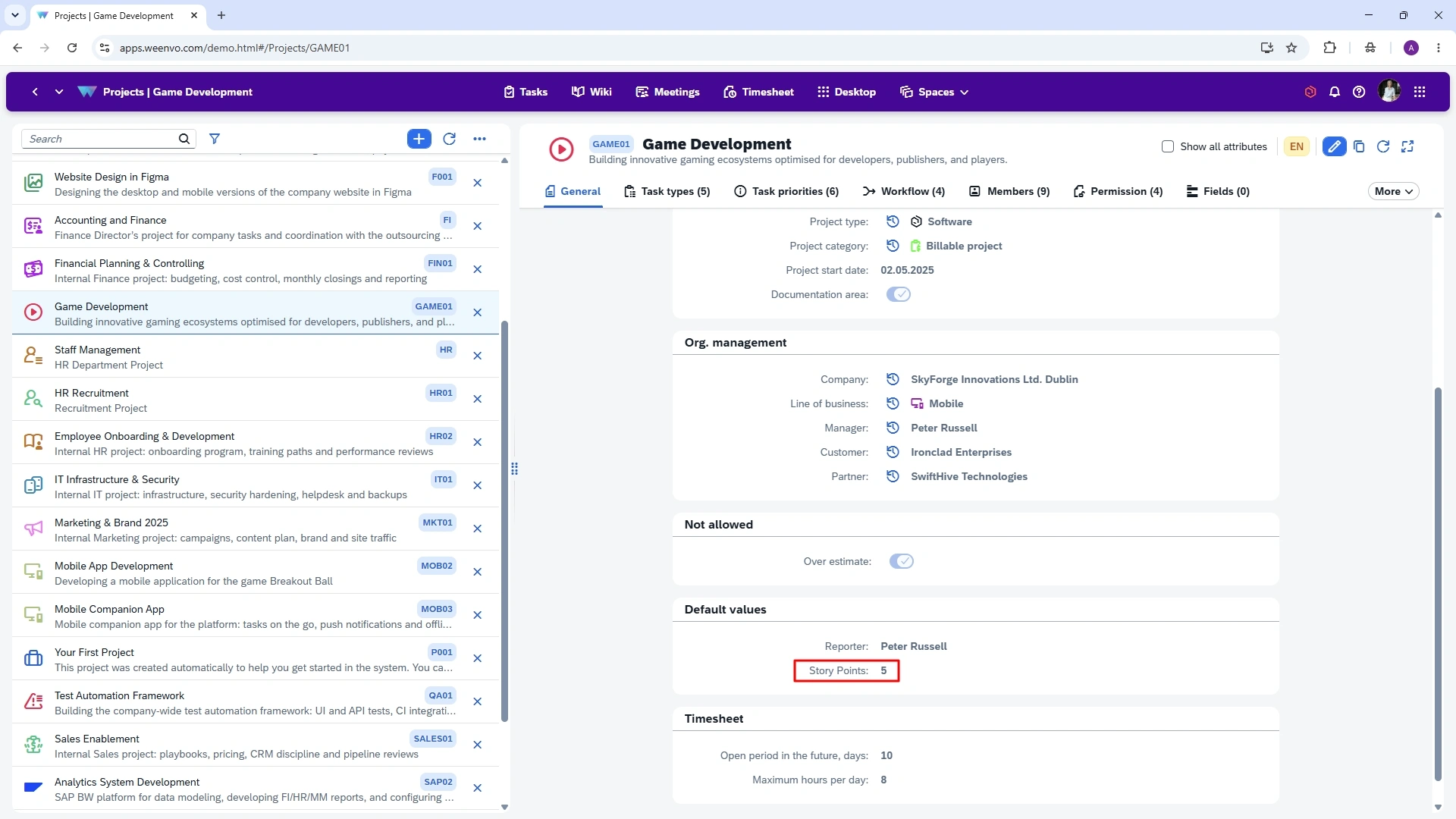 Weenvo-Projects-settings-story-points default story points configuration in project settings