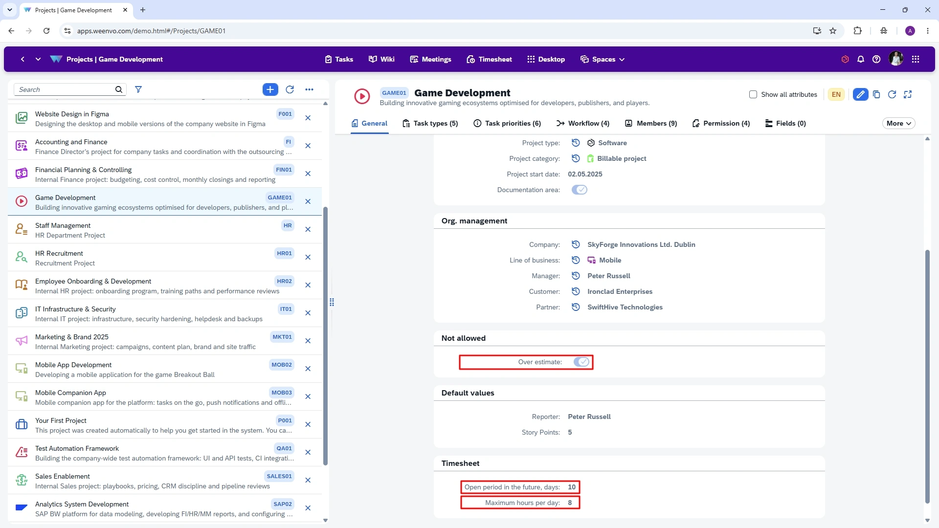 Weenvo-Projects-settings-time weenvo task time limit tracking feature